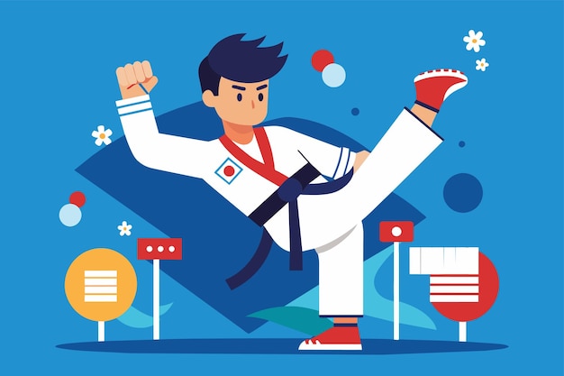 Vector a man in a karate kimono standing confidently in front of a vibrant blue background paralympic taekwondo customizable flat illustration