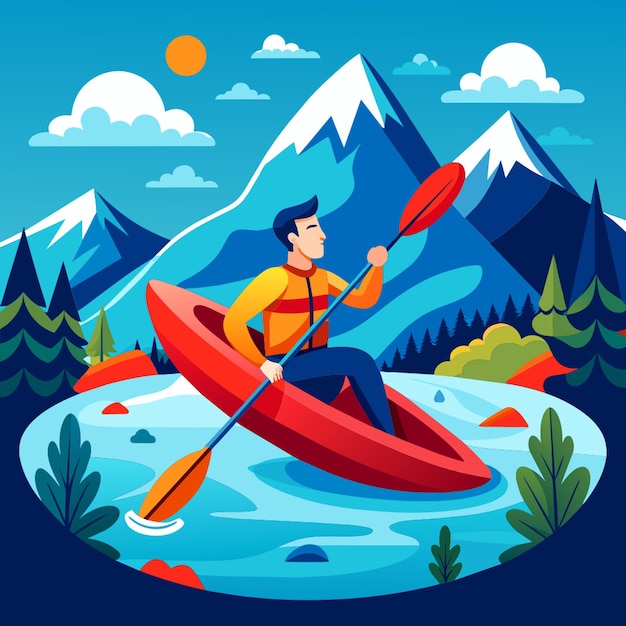 Vector a man in a kayak with mountains in the background