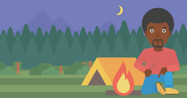 Man kindling campfire vector illustration.