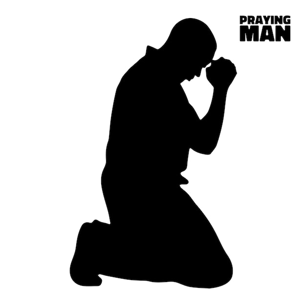 A man kneeling down, praying man is kneeling and the words praying man is on the bottom.