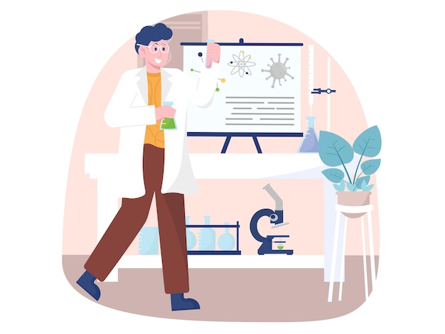 A man in a lab coat is holding a test tube and a microscope on the table Illustration