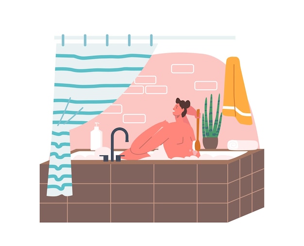 Man Lathering Body with Soap Sitting in Bathtub. Naked Happy Male Character Bathing Hygiene, Washing Procedure, Person Taking Shower at Home or Hotel Bathroom. Cartoon People Vector Illustration