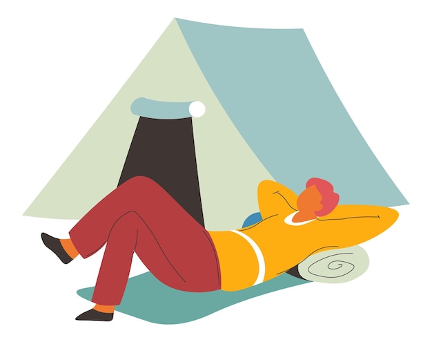 Man laying on mat by tent camping weekends vector