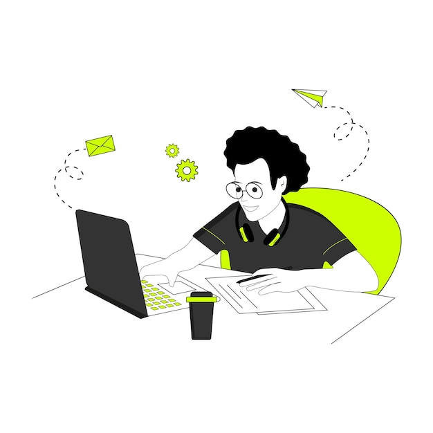 Man learning or working online at home. Online work and education concept. Flat vector illustration.