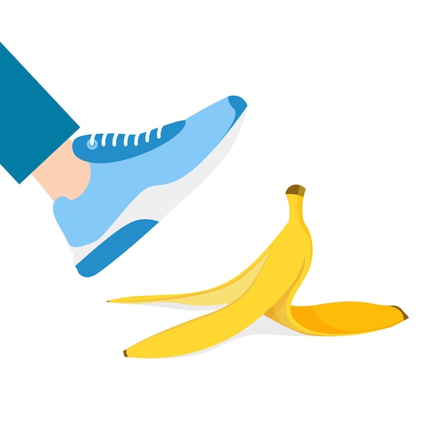 Man leg steps on a banana peel Leg slipp Vector illustration in trendy flat style isolated