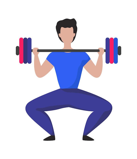 Man lifting heavy weight barbell Cartoon male doing exercises with sport equipment Gym advertising template workout tools and modern sportswear shop Vector bodybuilding illustration