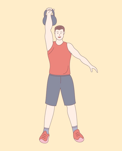 Man lifting kettlebell in gym standing with outline or line and clean simple style