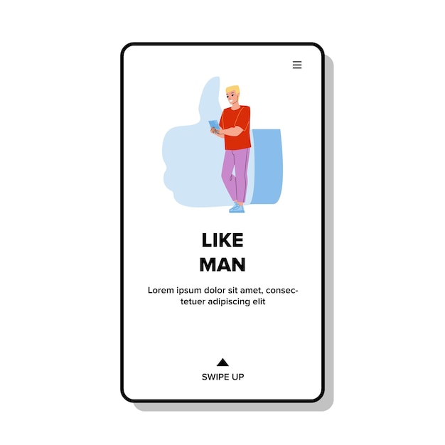 Man Like Gesturing And Approving Service Vector. Man Like Gesture And Approve Success Quality Product Or Rating Photography In Social Media. Character Web Flat Cartoon Illustration