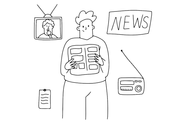 A man listens to the news News channels Linear illustration