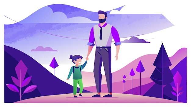 a man and a little girl are standing in front of a mountain