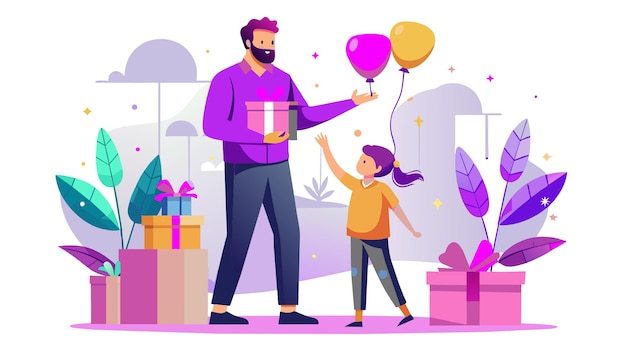 Vector a man and a little girl holding balloons and a little girl holding a box of gifts