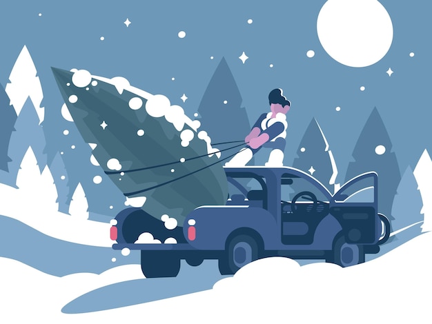 Vector man loading christmas tree in car