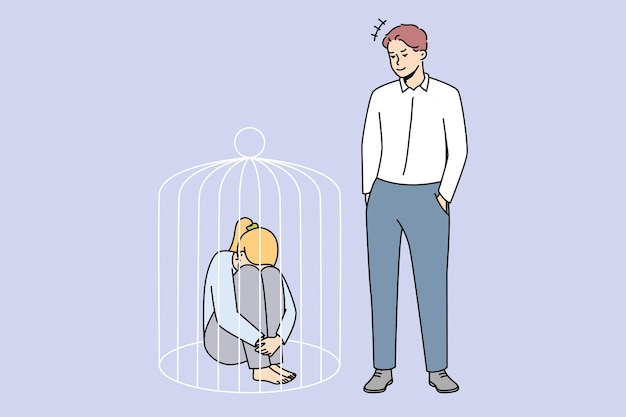 Man lock sad woman in cage