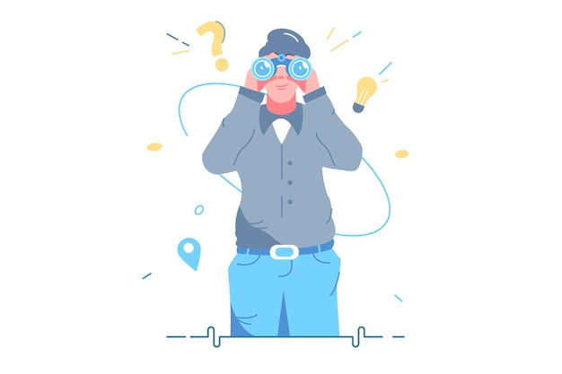 Man looking in binoculars tool vector illustration. Look into future choose direction flat style. Searching for opportunities, decisions, new business ideas concept. Isolated on white background