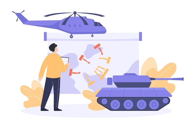 Man looking at combat map flat vector illustration. Tank weapon system and helicopter. War strategy or tactics, conflict of nations, analysis of military operation concept