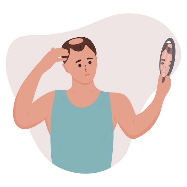 Man looking in the mirror at his baldness Hair loss alopecia in young age hair problems