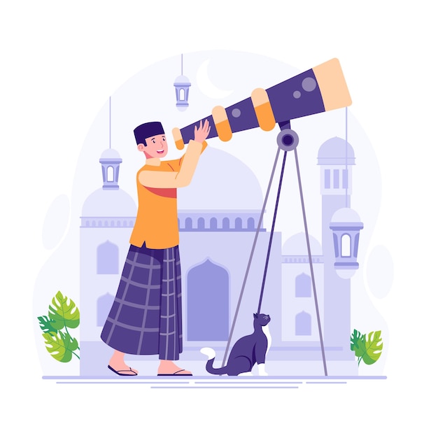 A man looking through a telescope with a cat on the background