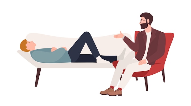 Man lying on coach and male psychologist, psychoanalyst or psychotherapist sitting beside and providing psychological aid. Professional psychotherapeutic session