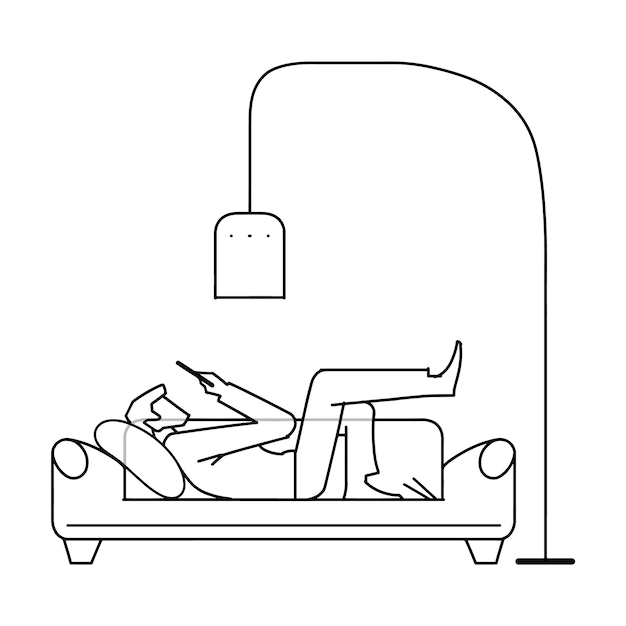 A man lying on a couch and looking at a mobile phone under a floor lamp, simple lines, icon style