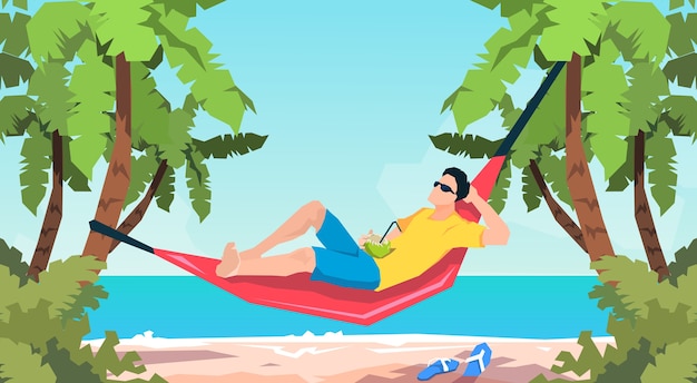 Man Lying In Hammock Beach Vacation Flat Vector Illustration