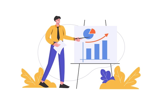 Man makes business presentation at meeting. Businessman stands by board with charts people scene isolated. Company development and financial report concept. Vector illustration in flat minimal design