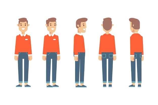 Man male guy front side back view flat vector character for animation