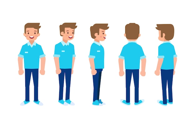 Man male guy front side back view flat vector character for animation