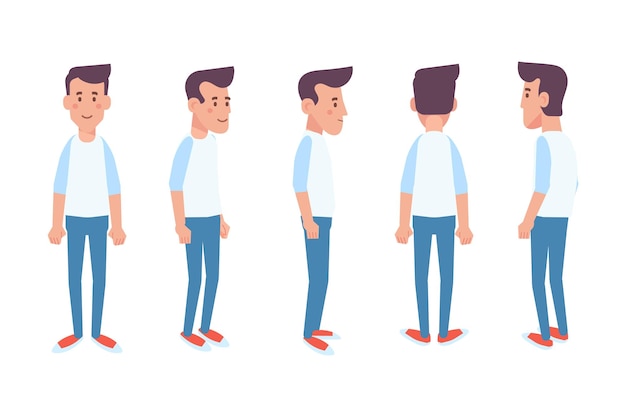 Man male guy front side back view flat vector character for animation