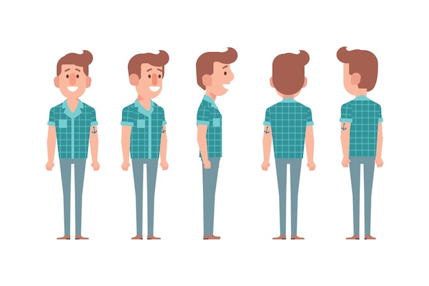 Man male guy front side back view flat vector character for animation