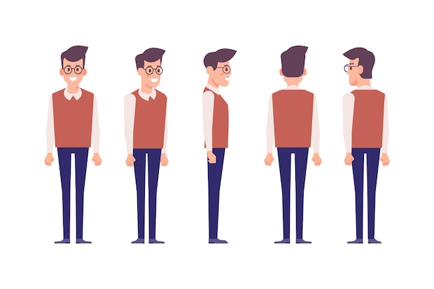 Man male guy front side back view flat vector character for animation