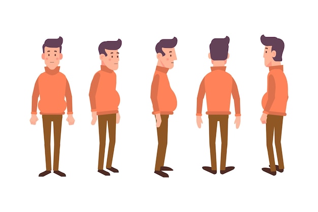 Man male guy front side back view flat vector character for animation