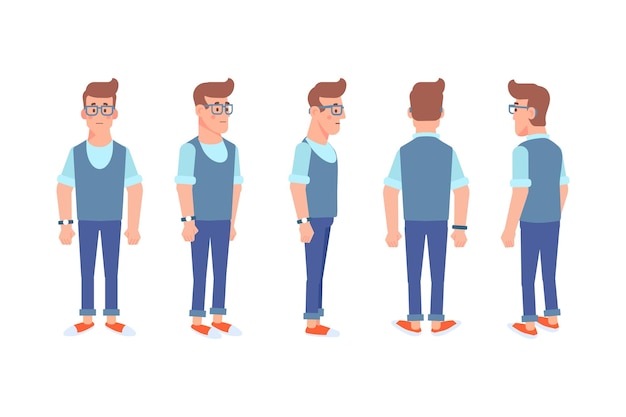 Man male guy front side back view flat vector character for animation