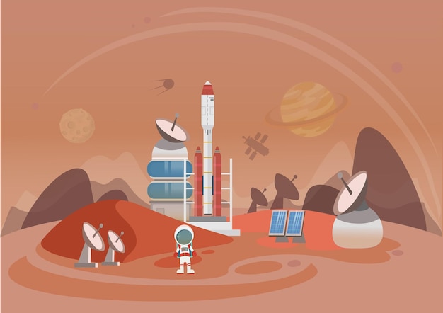 The man on Mars Against the background of shuttles spacecraft and satellites Vector illustration