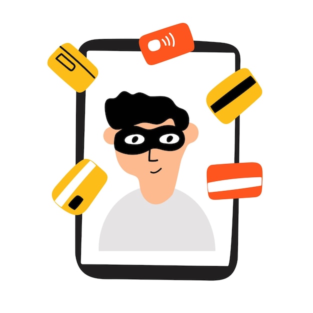 Man in mask look from smartphone. Cyber fraud.  Vector illustrations on white background.