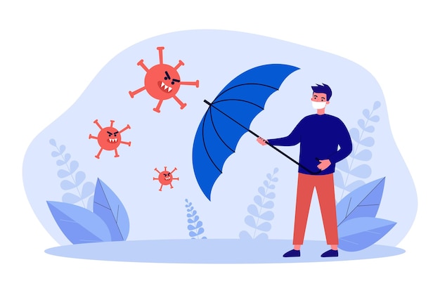 Man in medical mask protecting against virus with umbrella. Person putting health at risk flat vector illustration. Immune antiviral protection concept for banner, website design or landing web page