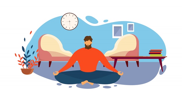 Man Meditate on Floor Living Room Lotus Position