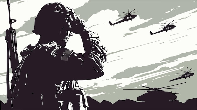 Vector a man in a military uniform is looking at a helicopter