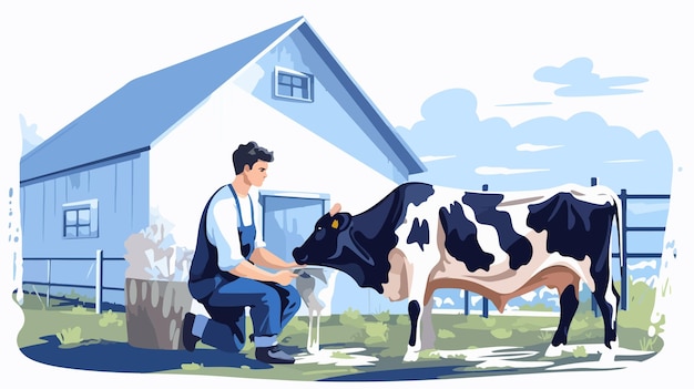 Vector a man milking a cow in front of a house