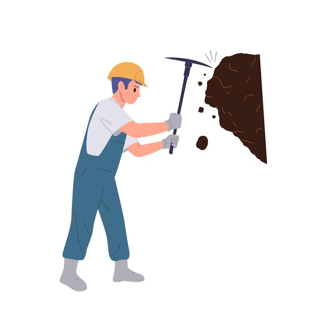 Vector man miner cartoon character digging coal from rock using pickaxe isolated on white background