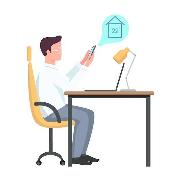 Man monitoring home remotely semi flat color vector character