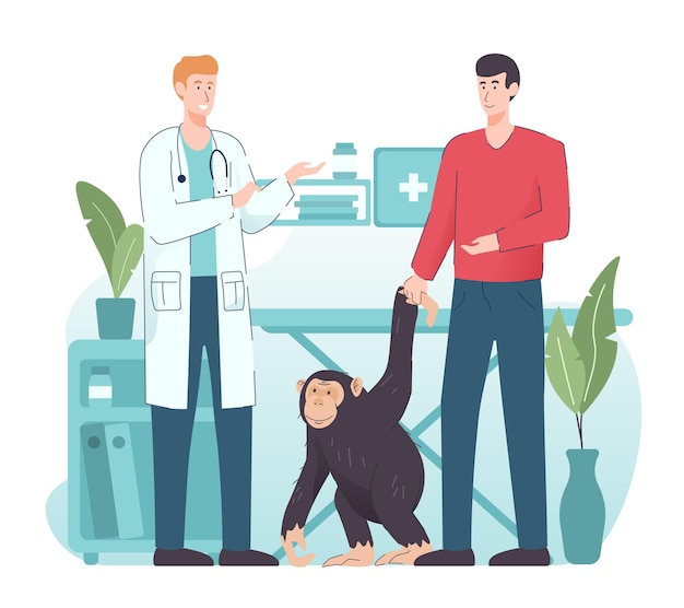 Man and monkey at veterinary clinic. Animal health care and medical concept