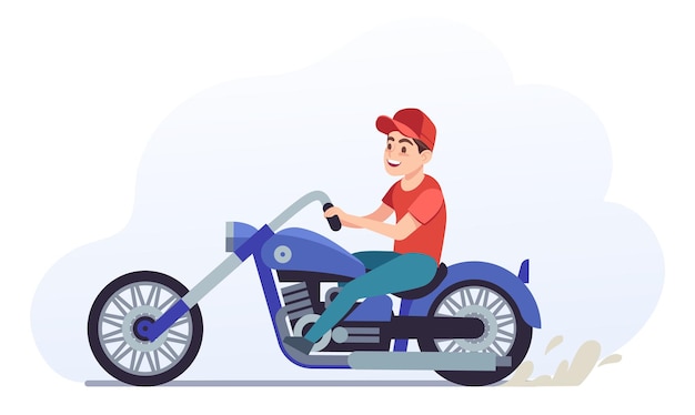 Man on motorcycle. Biker driving blue motorcycle, collectible classic vehicle for road racing, speed race vintage style moped travel and sport vector illustration in cartoon style on white background