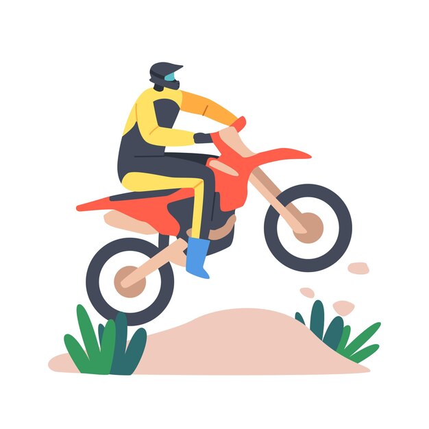 Vector man motorcycle rider extreme activity competition speed racing motocross rally concept biker male character wearing helmet riding motorbike take part in tournament cartoon vector illustration