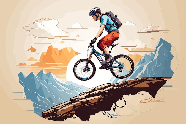 Vector man on a mountain bike jumping off a cliff illustrator