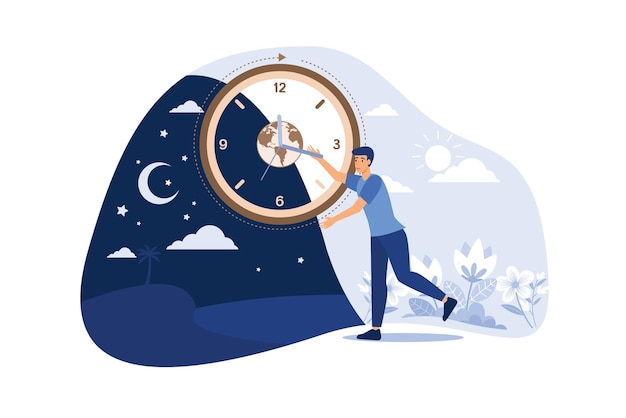 Man moving clock arrows and managing time Planet night and day in background