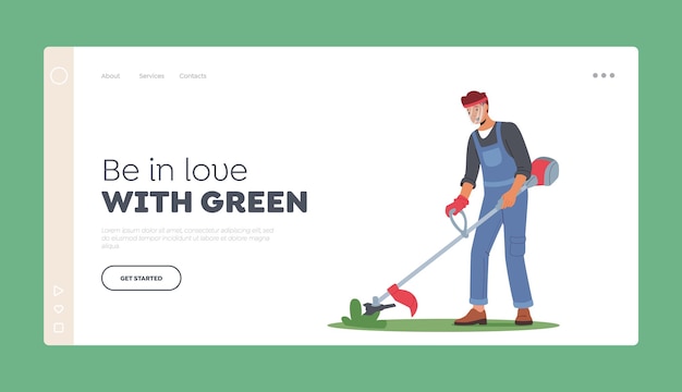 Man Mow Lawn in Garden or Park Landing Page Template Gardener or Worker Character Use Grass Trimmer for Landscaping