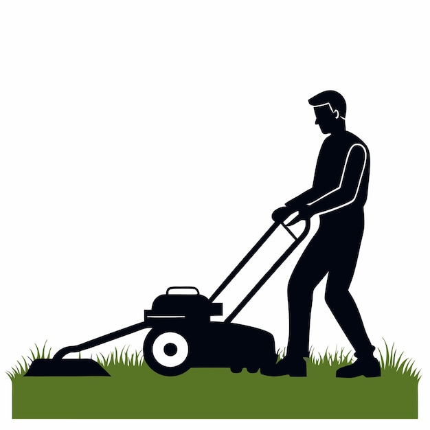 a man mowing the grass with a picture of a man mowing the lawn