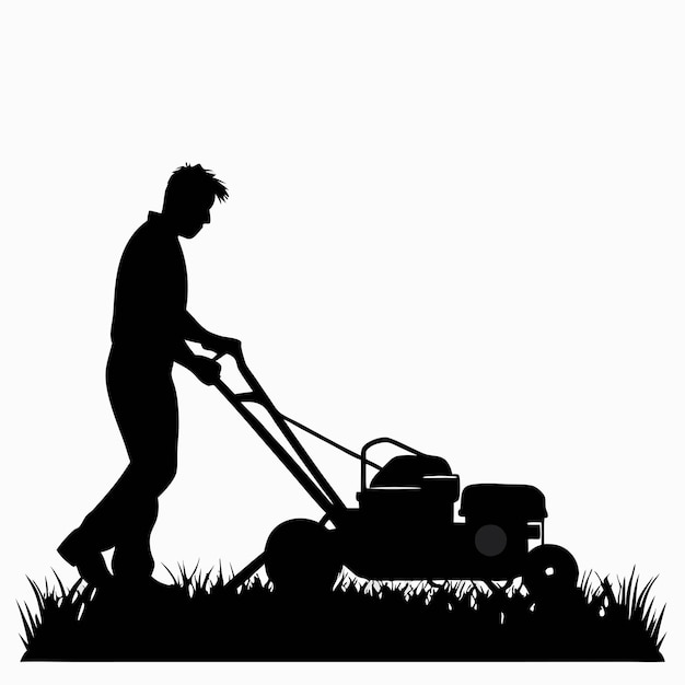 a man mowing the grass with a silhouette of a farmer