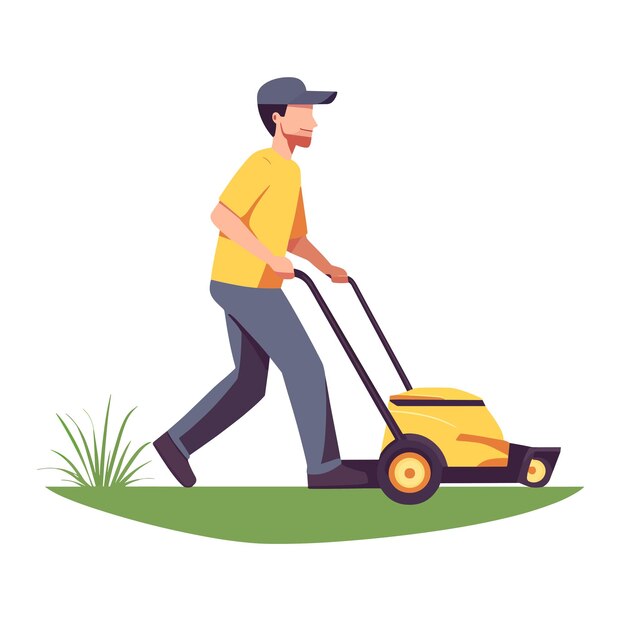 Vector a man mowing the grass with a yellow lawn mower