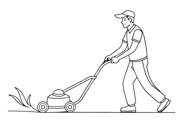 Vector man mowing lawn using push mower line art illustration